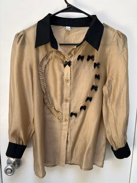 Unknown Tops - Vintage Satin Blouse Tops Women Beige Contrast Collar Heart Bow Pleated Shirt S